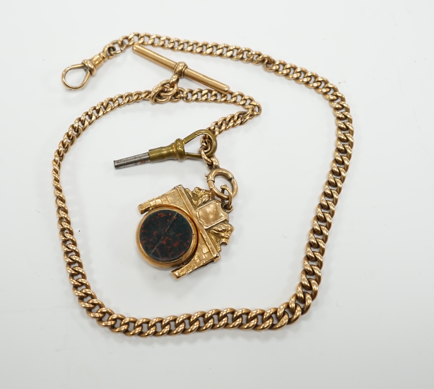 A 9ct gold albert with a bloodstone and carnelian set fob, gross weight 37.4 grams.